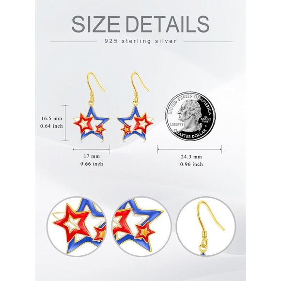 925 Sterling Silver Red White and Blue American Flag Dangle Earring for Women - Picture 4 of 6